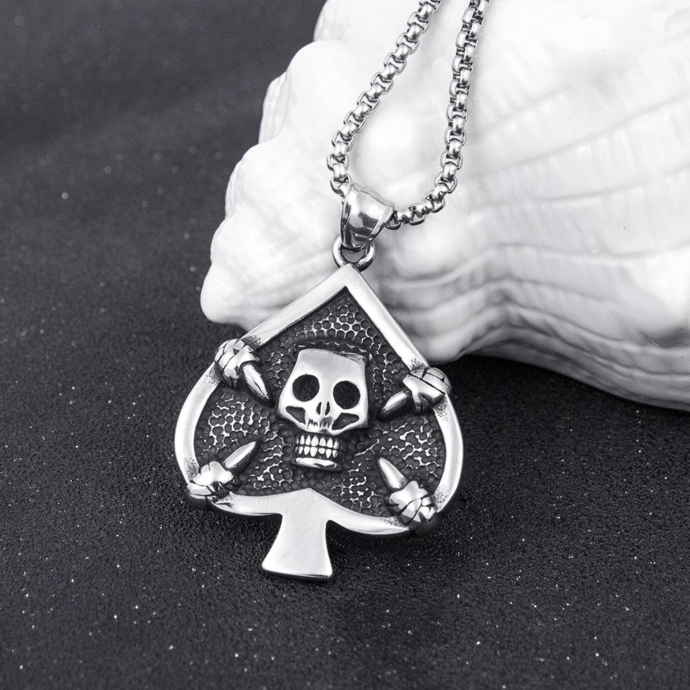 Titanium Steel Cast Poker Spades Men's Necklace Retro Hip-hop Titanium Steel Skull Pendant