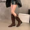 Fashion Thick Heel Pleated Women Knee High Boots Sexy Pointed Toe Stripper Party Shoes Slip On Modern Long Botas Para Mujer