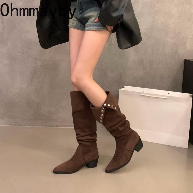 Fashion Thick Heel Pleated Women Knee High Boots Sexy Pointed Toe Stripper Party Shoes Slip On Modern Long Botas Para Mujer