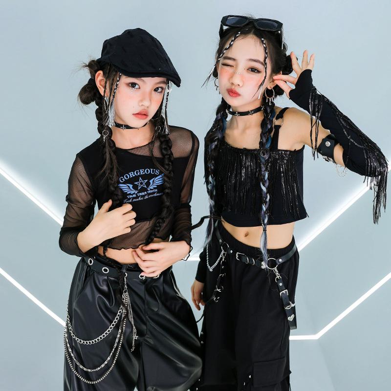Completo da ballo jazz da ragazza: Top Corto a Maniche Lunghe in Rete con Bretelle, Costume da Esibizione Streetwear e da Passerella
