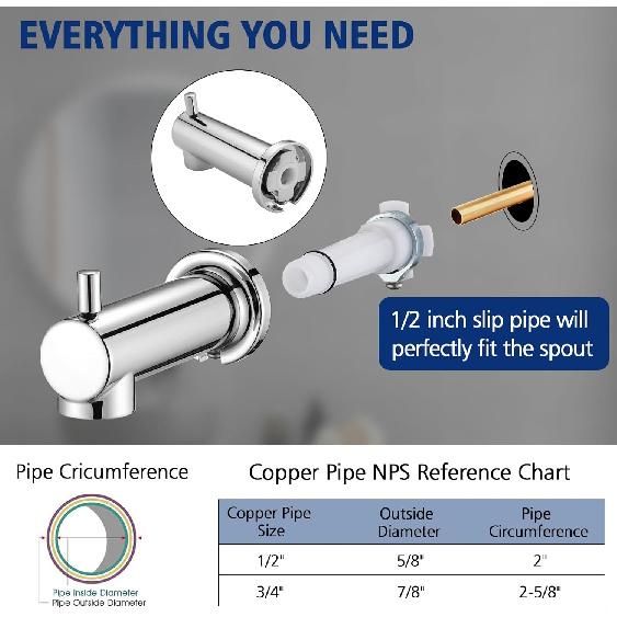 Slip On Tub Spout with Diverter Universal Tub Diverter Spout for 1/2" Copper Water Pipe, Chrome