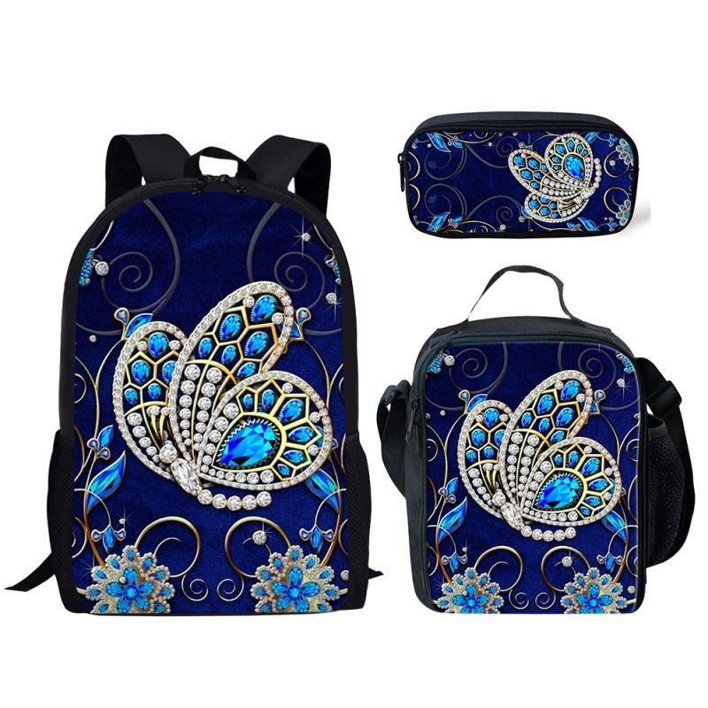 Trendig Beliebt Neuheit Lustig Schmetterling 3D-Druck 3 Stück/Set Schüler Schultaschen Laptop Tagesrucksack Rucksack Lunchtasche Federmäppchen