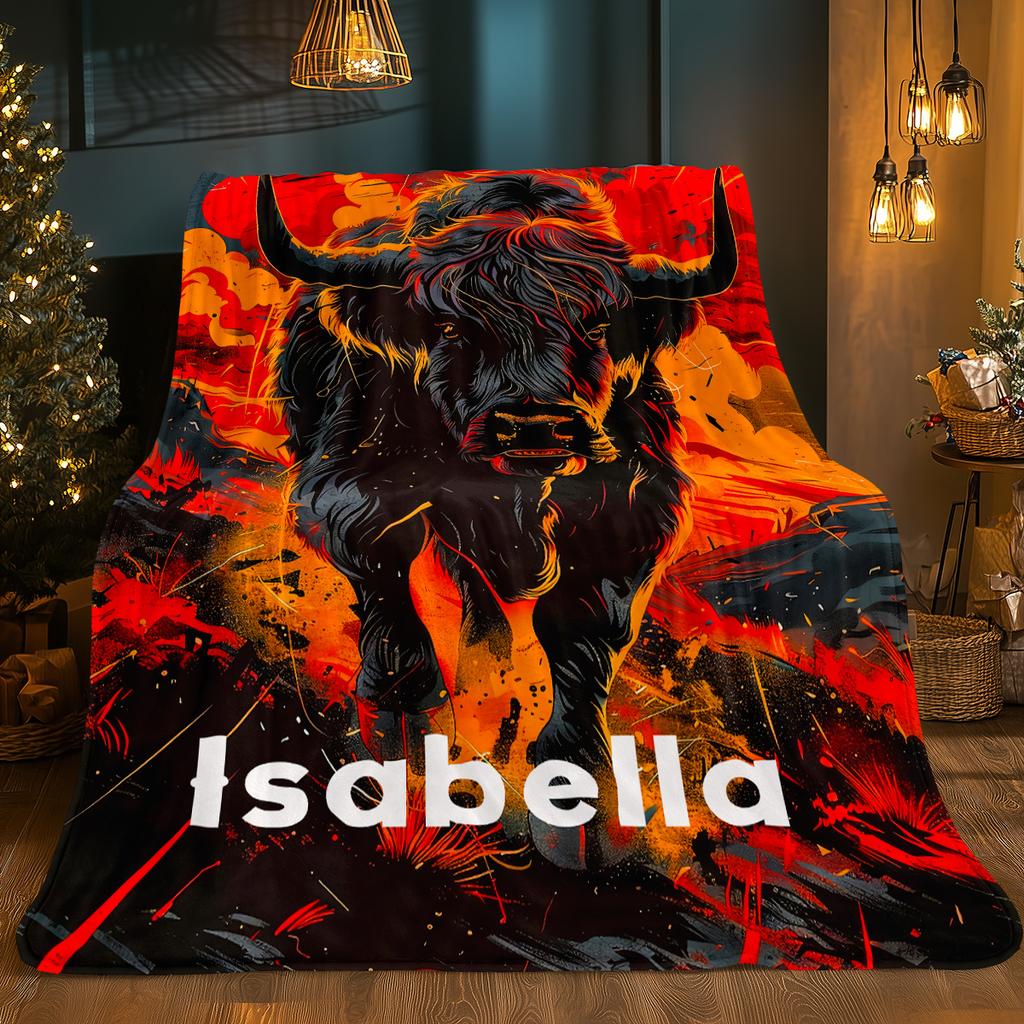 Custom Name Bull Flannel Blanket Lightweight Throw For Sofa Camping Office Chair Bed Soft Warm Printing Blanket For All Seasons