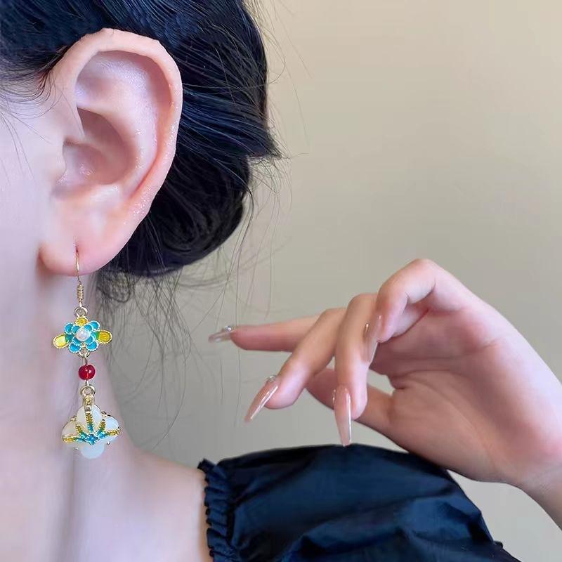 Antique elegant Hanfu versatile enamel glaze flower ear hook niche design fringed earrings retro temperament trendy earrings