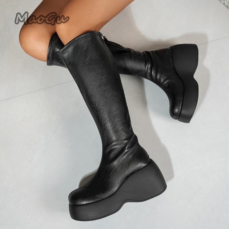 Short Plush Women'S Knee-High Boots Autumn Winter Thick Sole Long Boots Black Pu Back Zip Platform Botas Largas Mujer Size 36-42