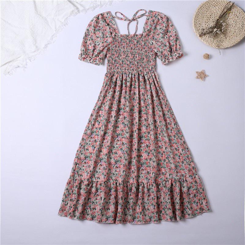Spring Floral Square Neck Lace Midi Dress with Puff Sleeves
