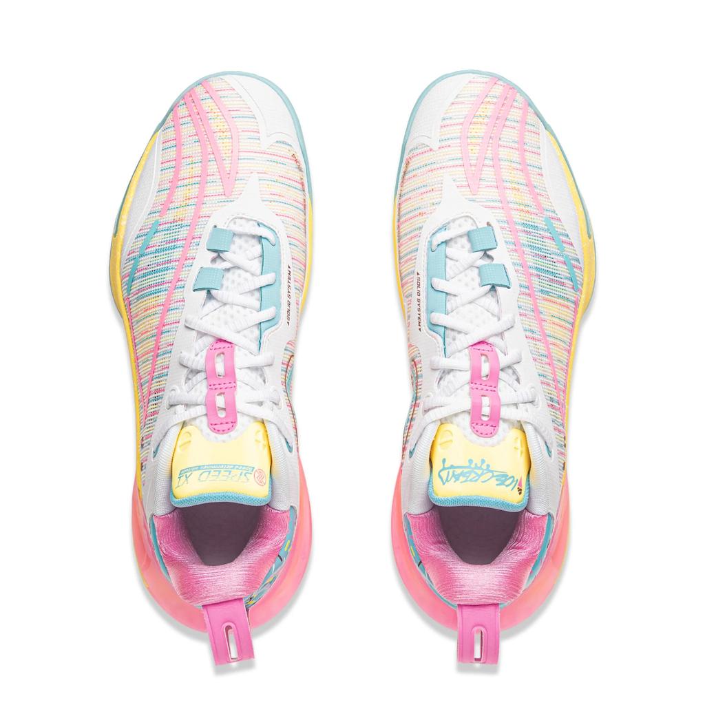 Li Ning Flash 11 Professionelle Wettkampf-Basketballschuhe für Herren, Low-Top, mit TPU-Stoßdämpfung, verschleißfest, Weiß/Pink/Blau, ABAU053-71