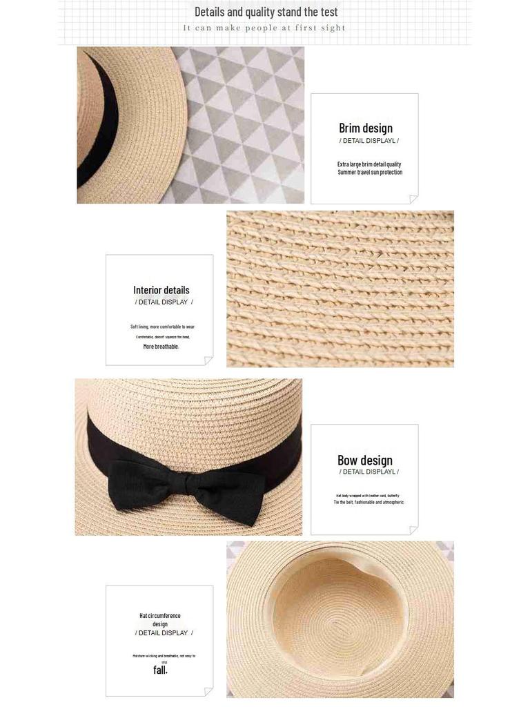 Korean Straw Hat for Women: Retro Flat Top Fedora, Sunshade & Sunscreen, Ideal for Outdoor Summer Beach Travel.
