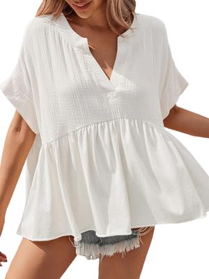 Womens V Neck Peplum Babydoll Blouse Short Sleeve Pleated Summer Top