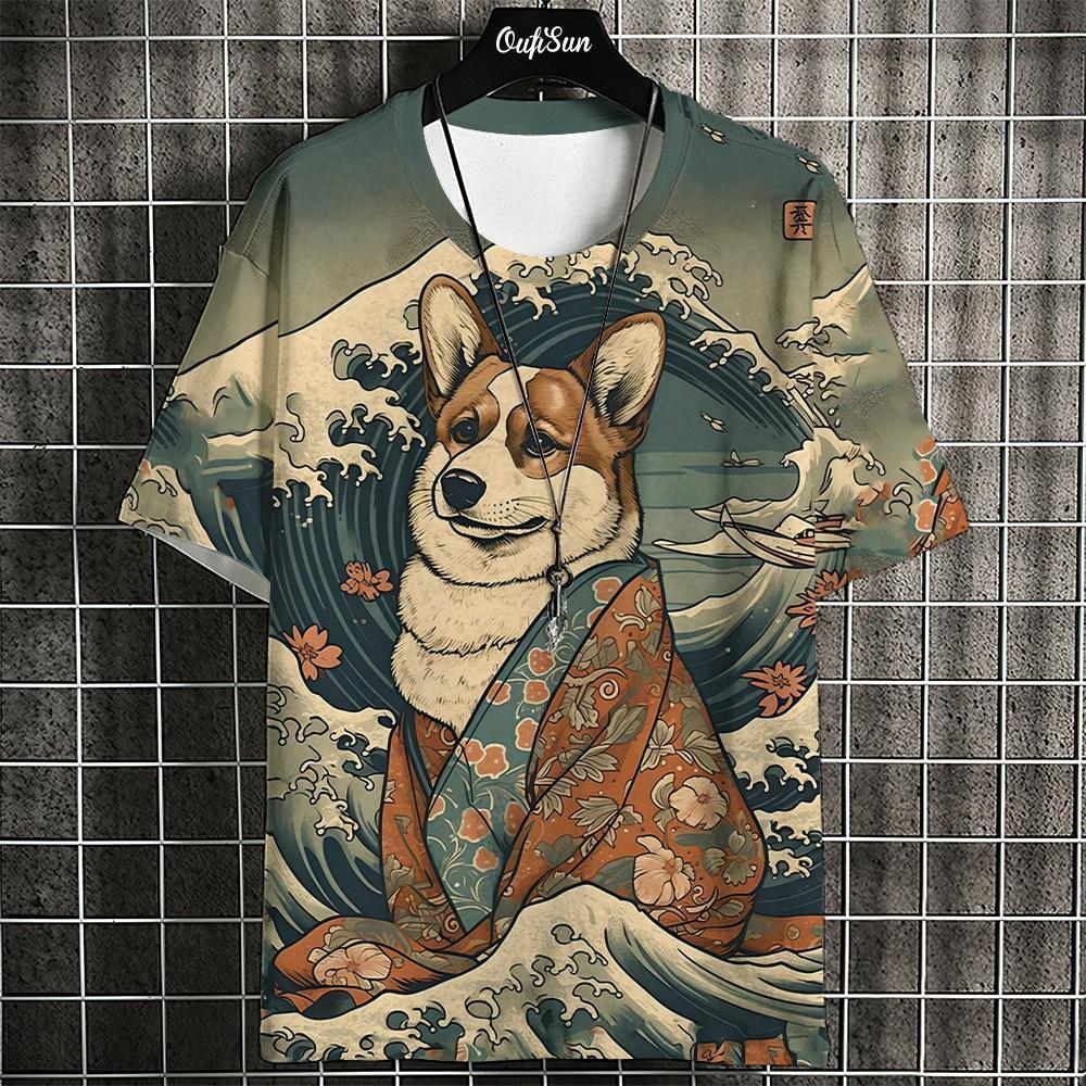 Retro Japanese Ukiyo-e Style Summer 3D Oversized Men's T-shirt Loose and Comfortable Breathable, Suitable for Daily Wear
