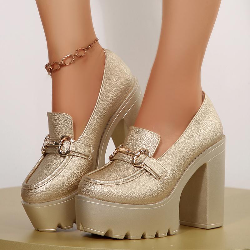 Fashion Slip On Chunky Heel Loafers for Women Gold Silver High Heels Platform Pumps Woman Metal Decoration Banquet Party Shoes