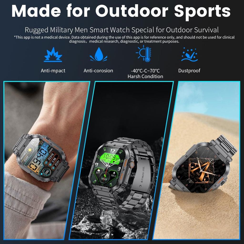 New Rugged Military Smart Watch Outdoor Sport Bracelet 1.96'' HD Display Sports Fitness AI Voice Smartwatch