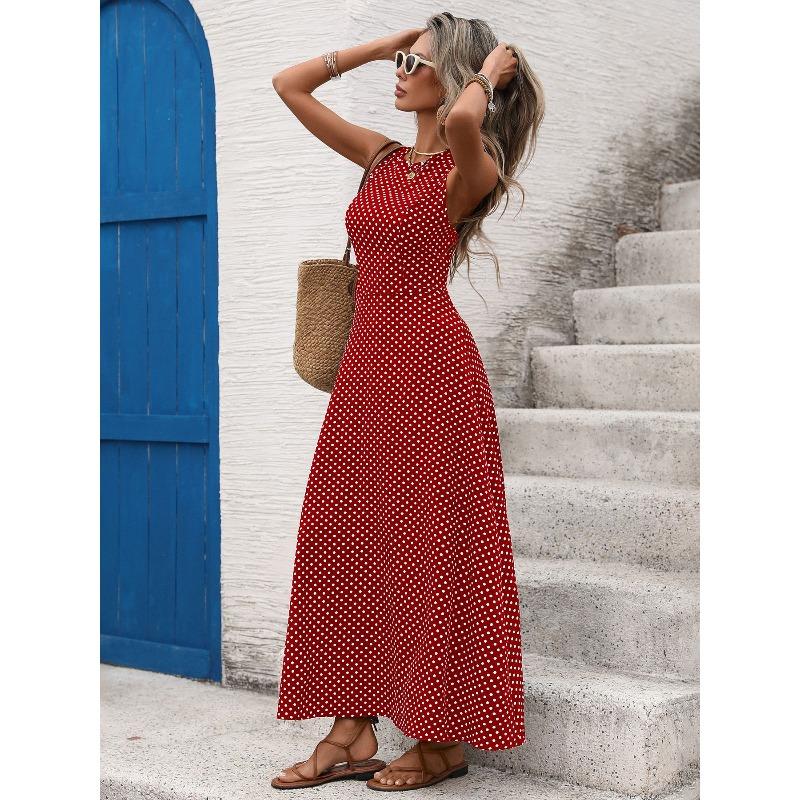 Women's Fashion Summer Spring Polka Dot Print Sleeveless O-Neck High Waist Casual Dresses