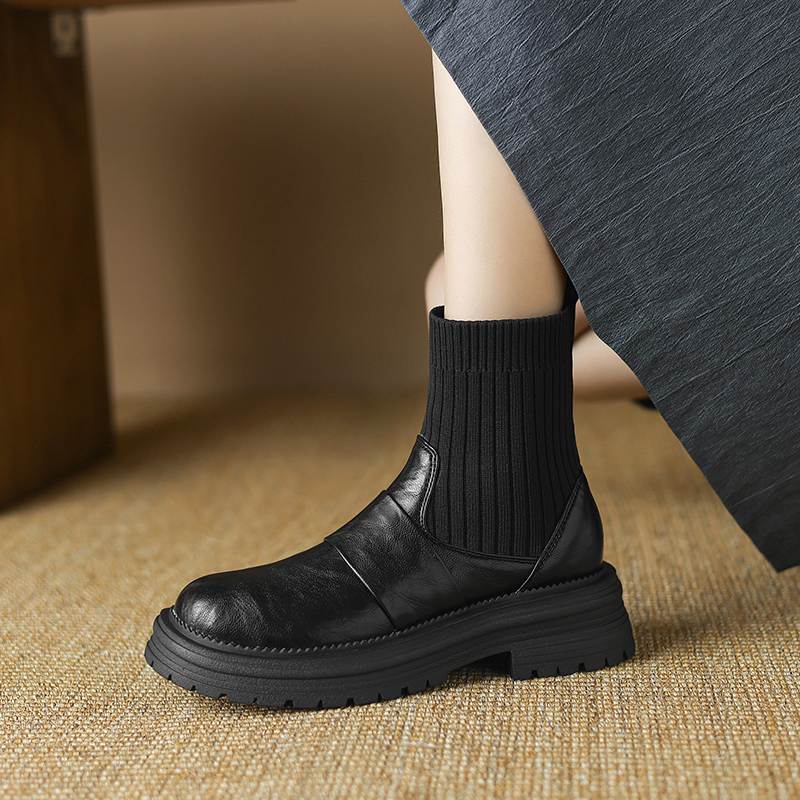 Krazing Pot Microfiber Autumn Winter Shoes Thick High Heels Flat Platform Size 43 Motorcycle Boots Knitwear Ankle Boots