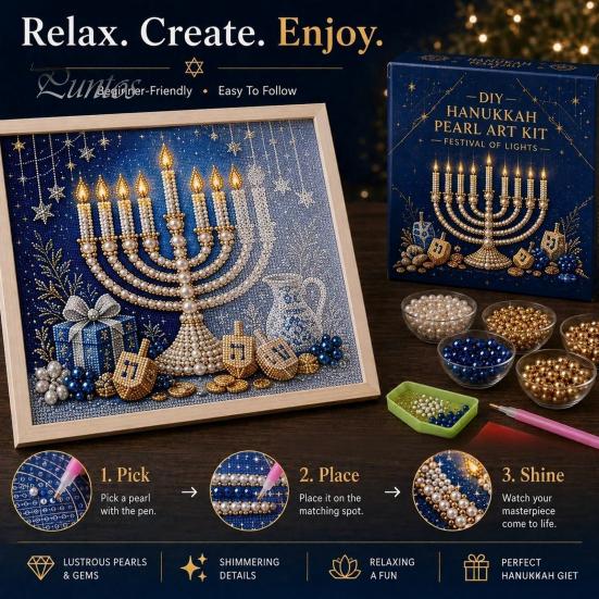 Creative Mindful Activity DIY Hanukkah Pearl Art Kit, 3D Mosaic Bead Craft Set, Hobby Set Ritual Making Kit for Traditional Holiday Home Decor