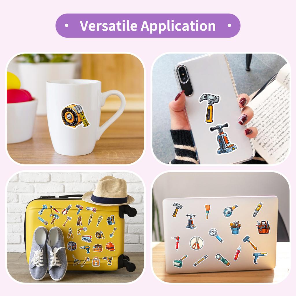 50Pcs Toolbox Graffiti Stickers - Cartoon Axe & Saw Waterproof Decals for Luggage & Skateboard Decor