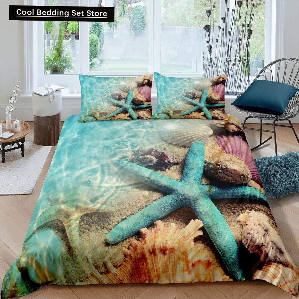 Beach Starfish Seashell King Queen Duvet Cover White Ocean Creatures Bedding Set Hawaii Quilt Cover Polyester Comforter Cover
