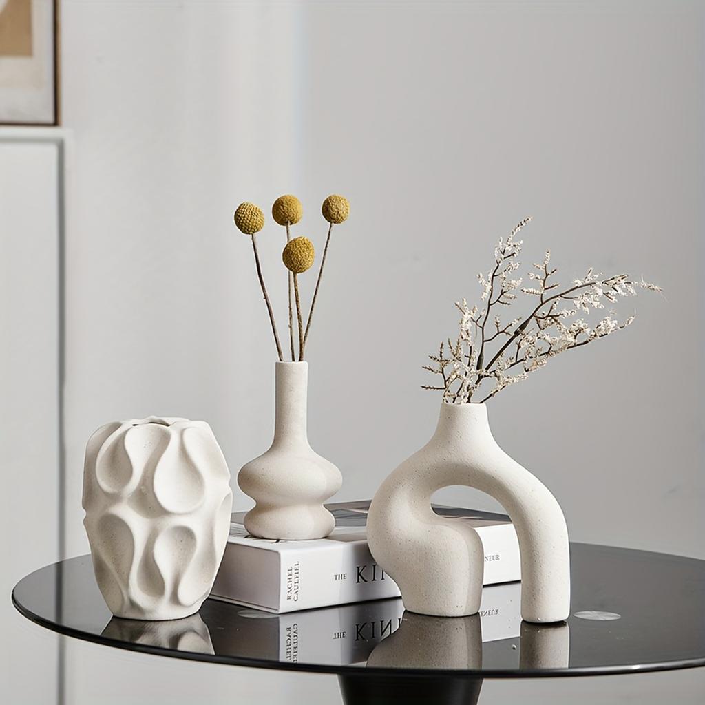 3pcs Bohemian Ceramic Vase Set - Modern Minimalist Round & Donut Shape, Geometric Pattern, Perfect For Fashion Home Decoration