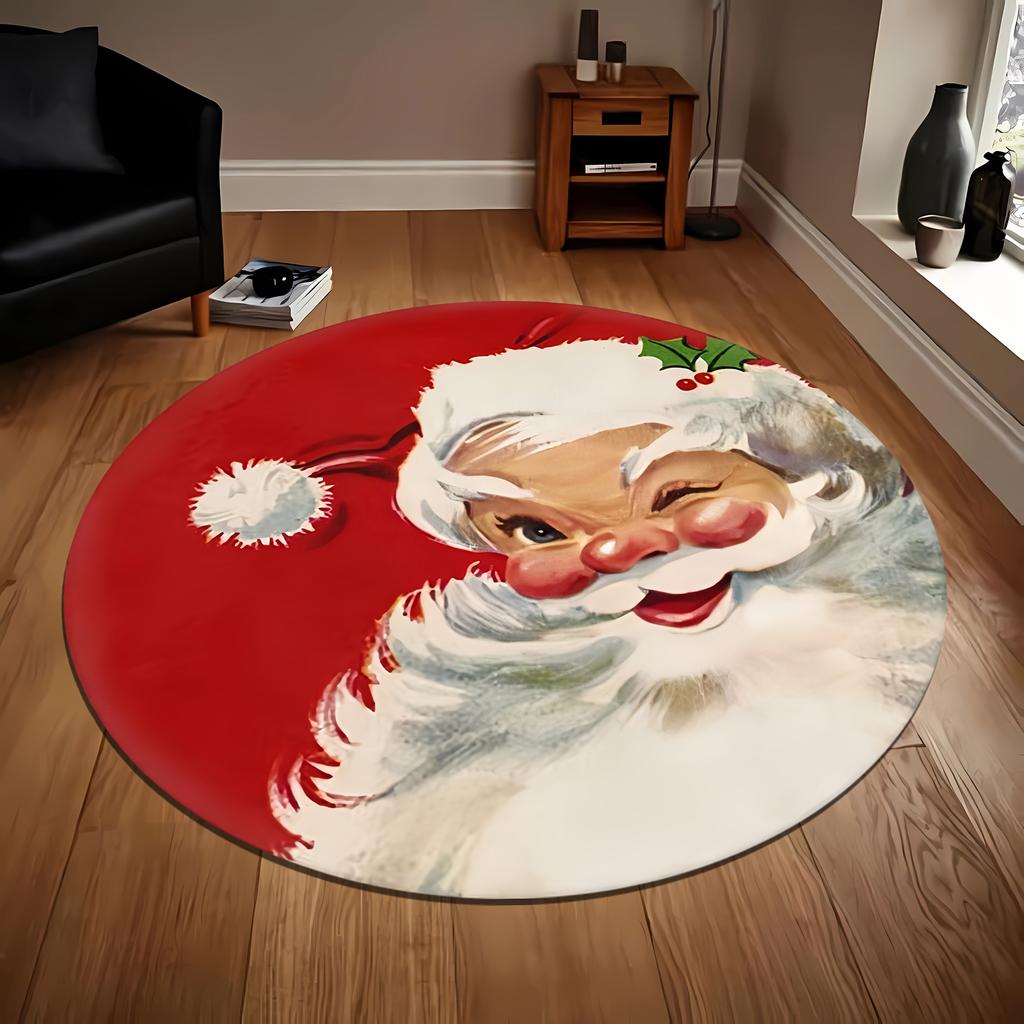 1Pcs Christmas Santa Claus Print Round Area Rug Indoor Non-Slip Washable Fiber Carpet Soft Comfortable Mat For Bedroom Living Room