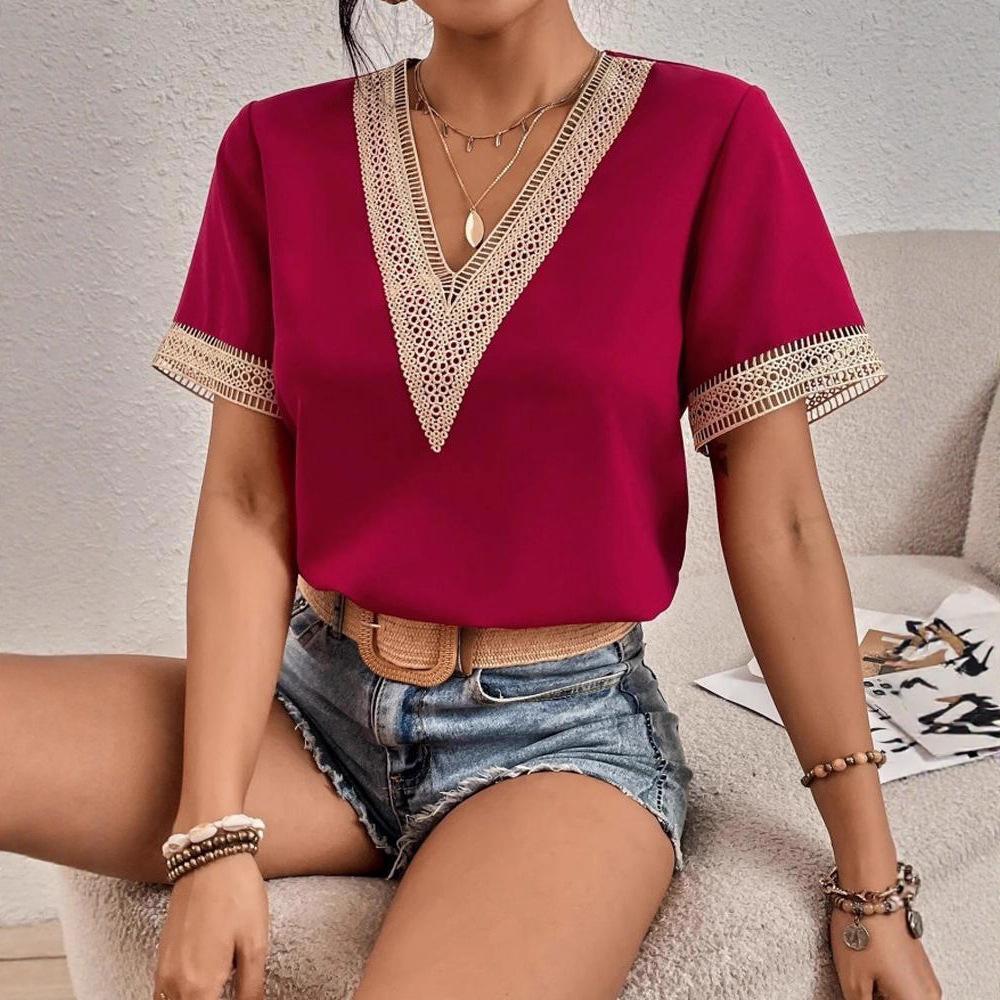 Short Sleeve T-Shirt Fashion Casual V-Neck Lace Short Sleeve Chiffon Top Women's Clothing