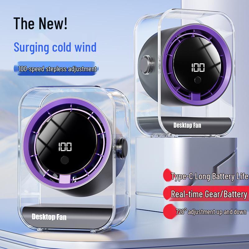 

Rechargeable Transparent Desktop Fan with Digital Display - Compact Household & Office Circulation Fan F15 - Gray Purple Rechargeable