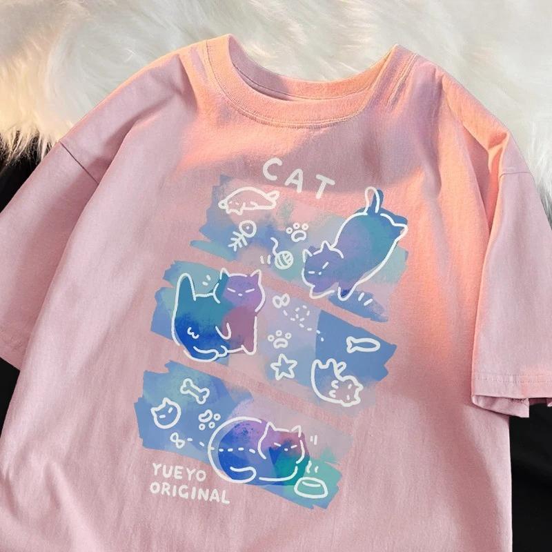 2026 New Summer Unisexs Tshirt 100 Pure Cotton Printed With A Three Cats Pattern Versatile Trendy Loosefit And Stylish