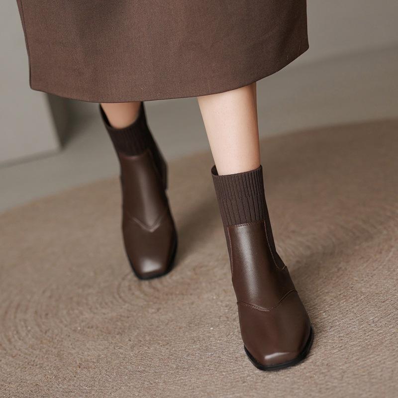 Knitted Sleeve Elastic Skinny Socks Boots Retro Square Head Thick Medium Heel Short Boots Women's Autumn, Winter and Naked Boots