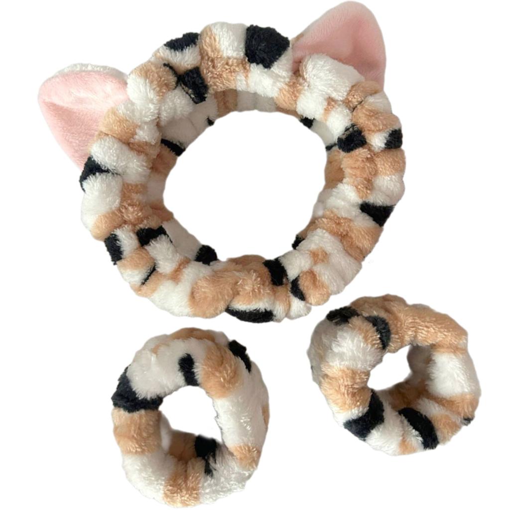 3PCS/Set Lovely Kitten Ear Wristband Hairband Set Women Girls Wash Face and Make up Plush Wristband Headbands