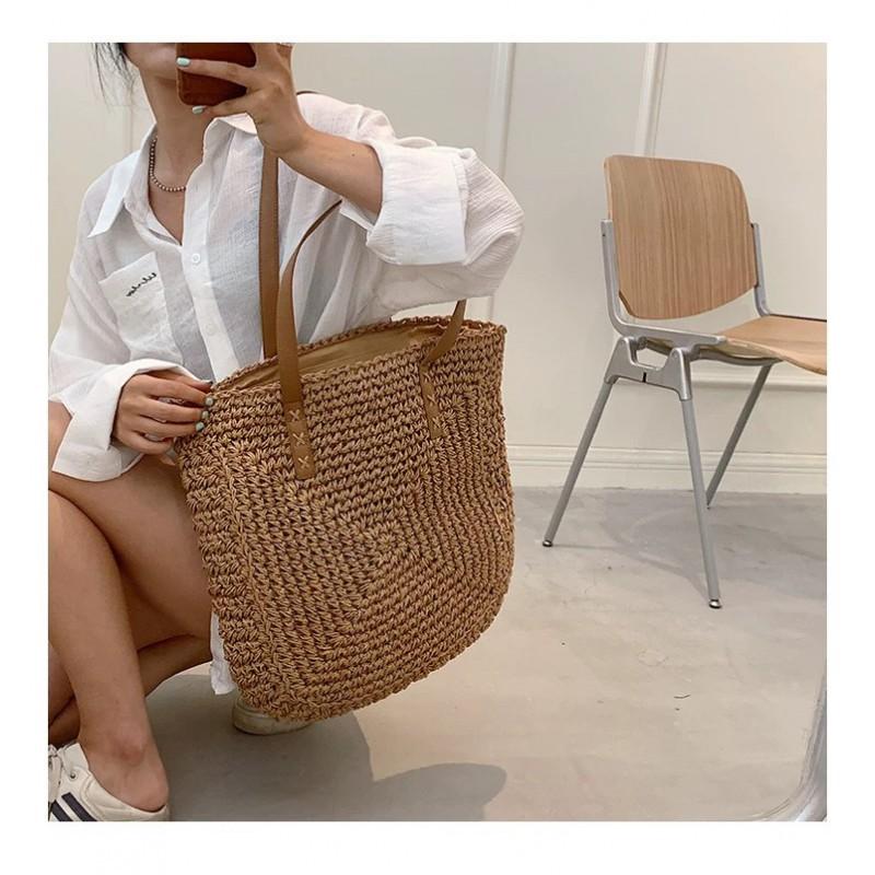 

New Style Large-capacity Straw Woven Bag Handbag Tote All-matching Hand-woven Women s Shoulder Beach хакі