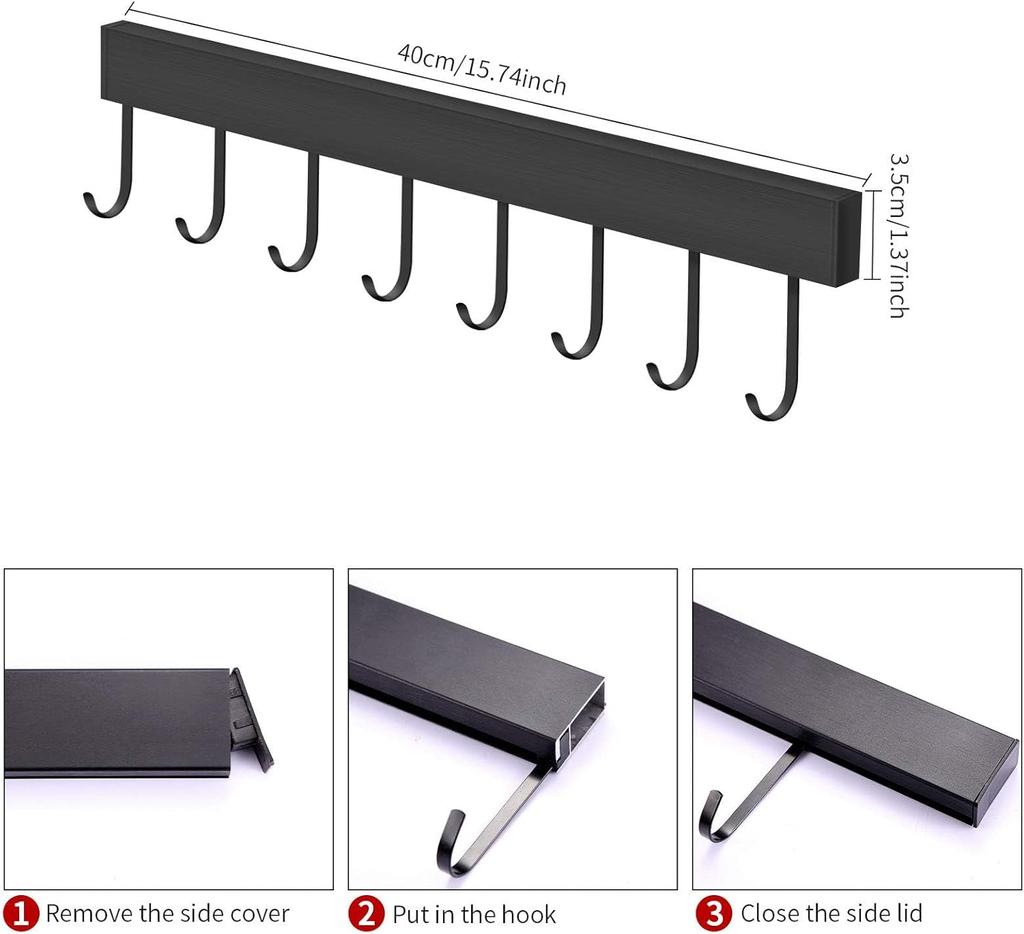 40cm kitchen hanging pole (with 8 hooks) Black
