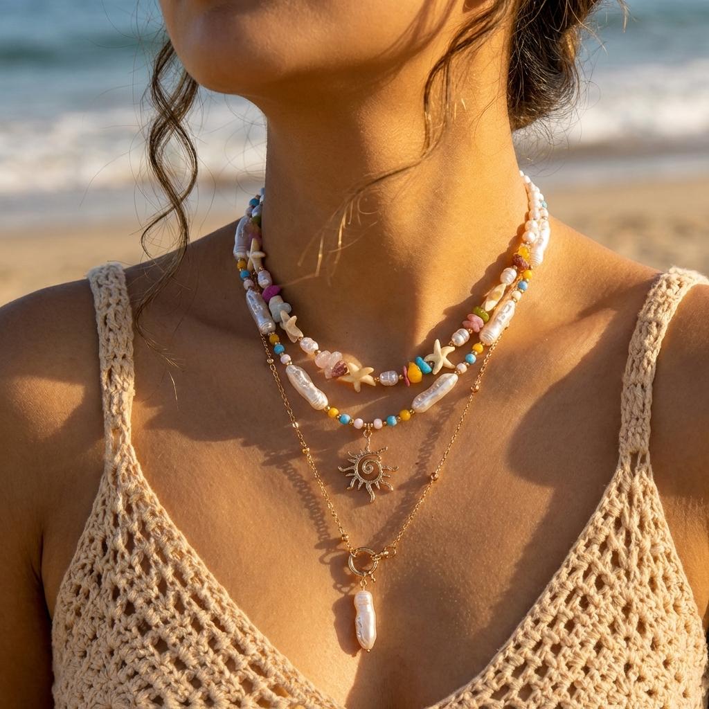 Bohemian Handgefertigter Seestern Sonne Anhänger Halskette für Damen Sommer Muschel Imitation Perle Reiskorn Perlen Choker Strandurlaub Schmuck