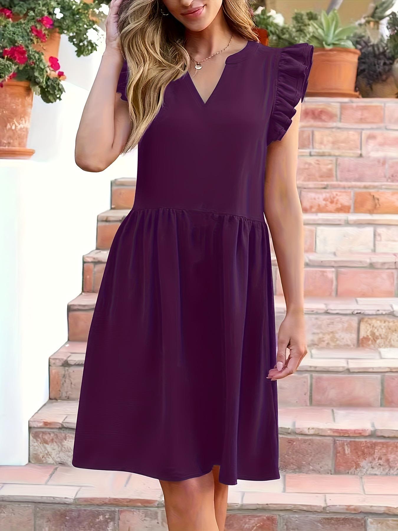 

2026 Spring Women s Fashionable Loose V-neck Ruffle Holiday Dress Triple Extra Large (3XL) фиолетовый
