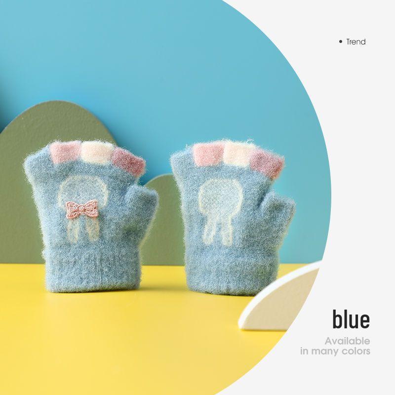 Cartoon Cute Half-Finger Knitted Baby Gloves for Toddlers (0-2 Years), Autumn & Winter, Plus Velvet