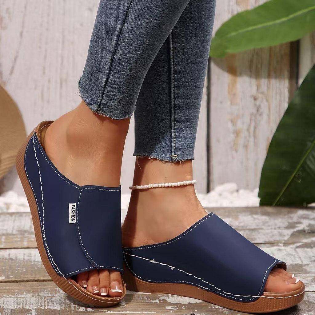 Large Size 43 with Sloping Heel and Thick Bottom Fish Mouth Sandals, Summer Beach Open Toed Shoes with Rocking Line