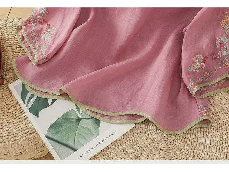 2024 Retro Style Women's Embroidered Cotton-Linen Shirt with Buttoned Lapel and Three-quarter Sleeves