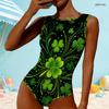 Women Plus Size High Round Neck Sleeveless One Piece Dark Green Clover Printed Swimsuit