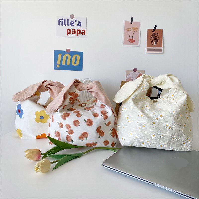 Ins Style Bento Bag With Rabbit Ears Japanese Lunch Box Tote For Picnics And Camps Floral Print