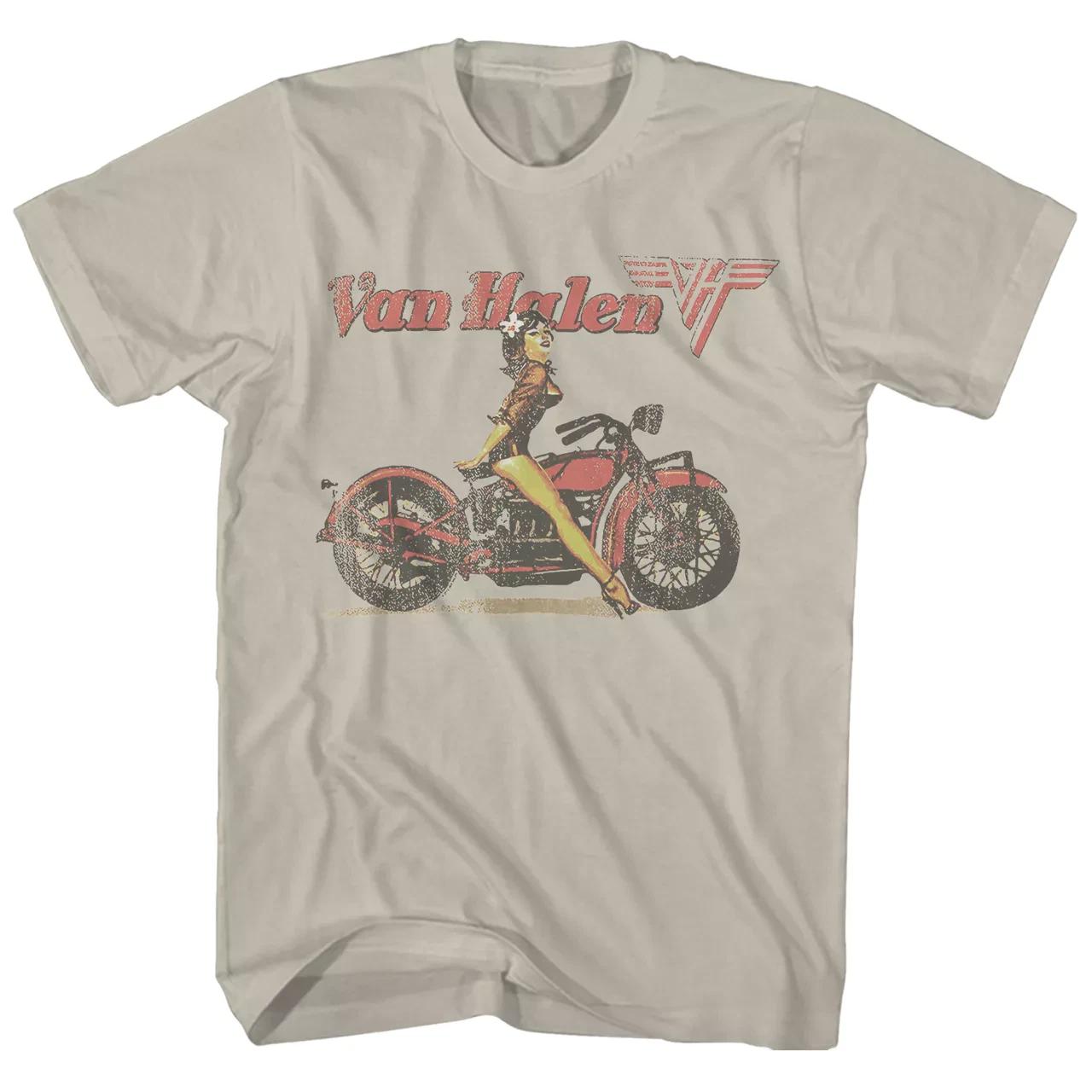 

Van Halen Biker Pin Up T Shirt Mens Rock and Roll Music Classic Band Tee Sand 2XL