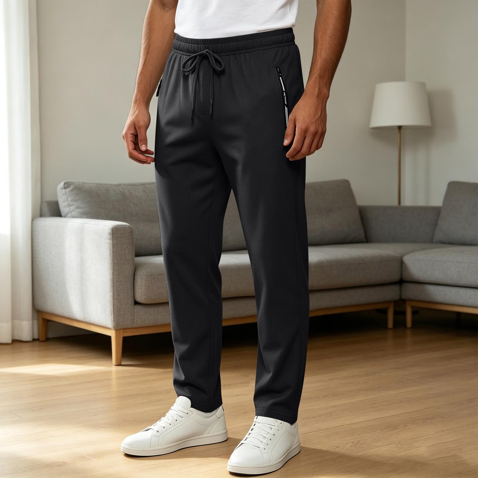 

Men Casual Ultra Lightweight Stretch Ice Silk Long Pants Drawstring Waist Zipper Pockets Breathable Relaxed Fit Trousers for Daily Wear S
