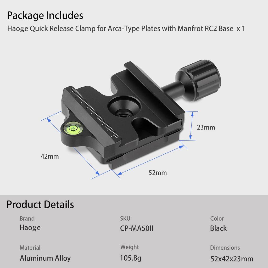 Haoge Quick Release QR Clamp Adapter Converter, Compatible with Manfrotto RC2 System and Arca-Swiss.