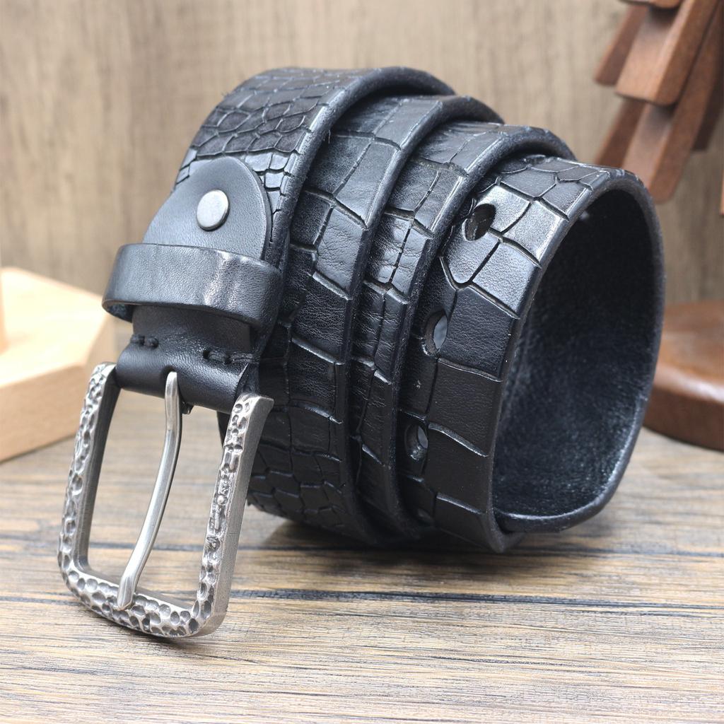 Retro Crocodile Pattern Versatile Pleated Top Layer Belt, Men's Genuine Leather Trendy Pin Buckle Pure Cowhide Middle-aged and Young Belt
