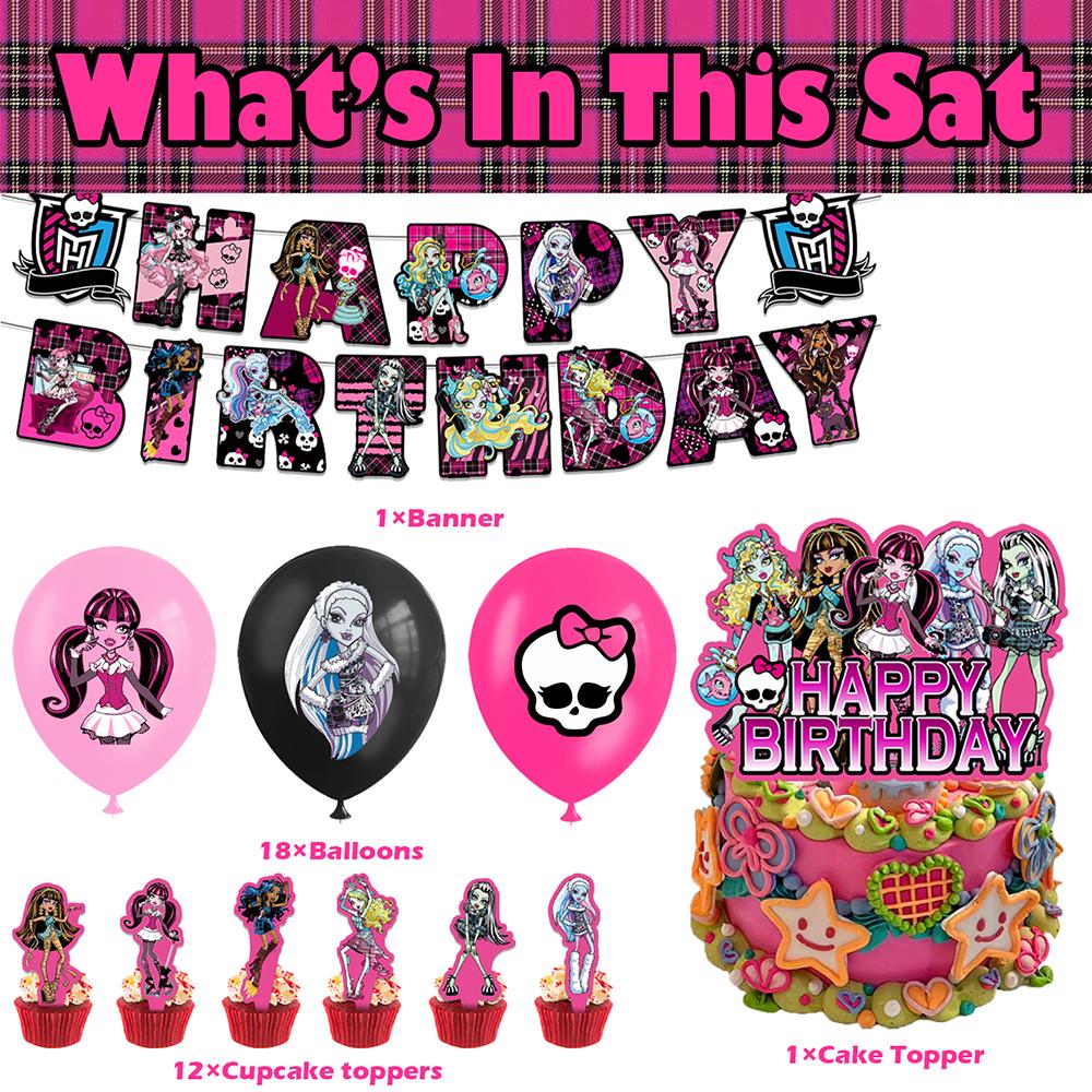 32 stk Monster High Festartikler Inkludert Banner, Kaketoppere, Ballonger