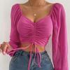 Chiffon Lantern Sleeve Drawstring Patchwork Stripe Top JR2492