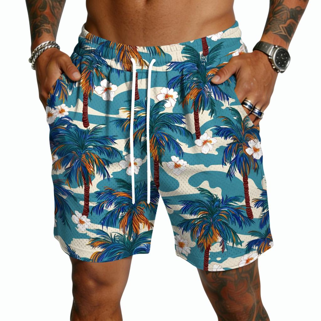 Men Drawstring Casual Shorts Lightweight Quick Dry Five Inch Inseam Relaxed Fit with Hawaiian Print for Daily Wear Beach Sports