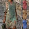 Women's Casual Summer Vintage Print V-neck A-line Beach Slim MIDI Loose Artsy Temperament Five-sleeve Top Dress Skirt