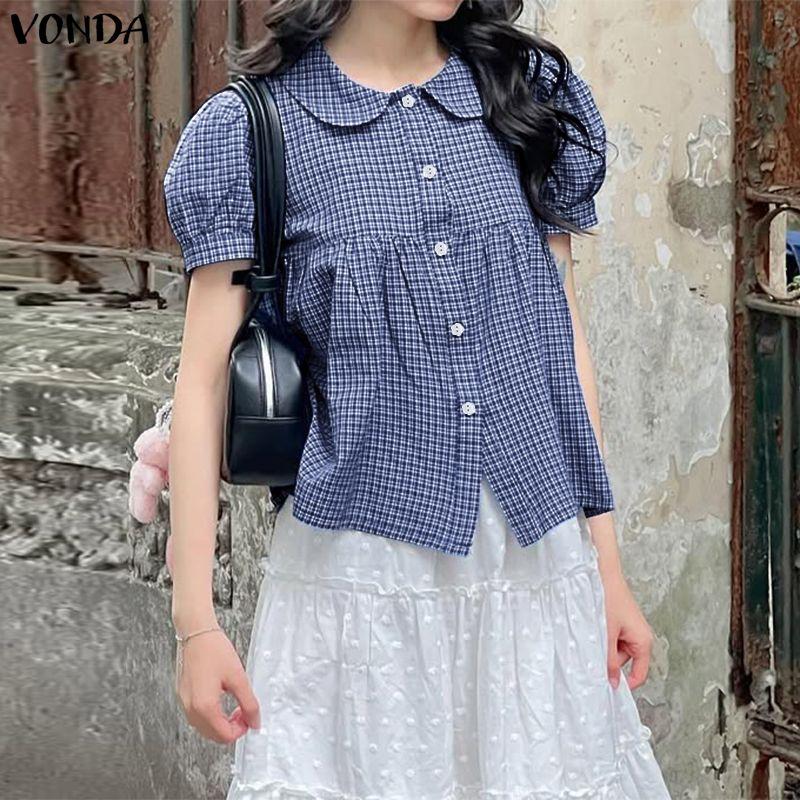VONDA Women Doll Collar Puff Sleeve Button Up Plaid Blouse Tops