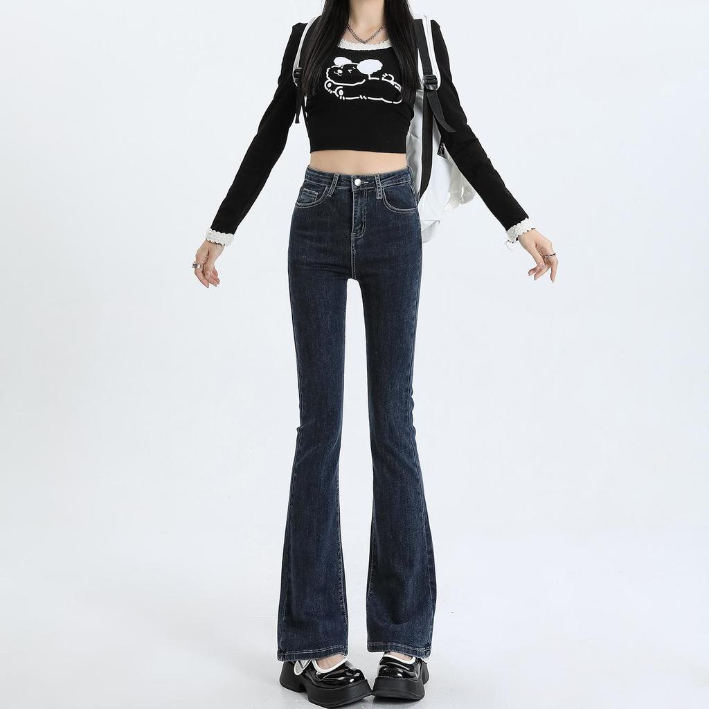 Women's Light Wash High-Waist American-Style Flared Jeans, Slim Fit, Elastic, Small Size, Washed Blue Horseshoe Design