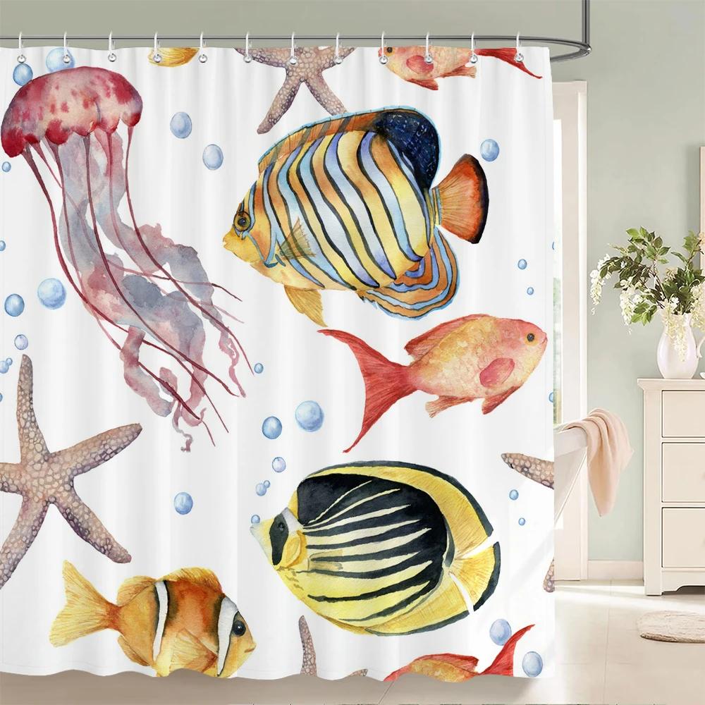 High Quality Cartoon Fish Dolphin Printing Fabric Shower Curtain Bathroom Waterproof Ocean life Bath Curtains Decor with Hooks