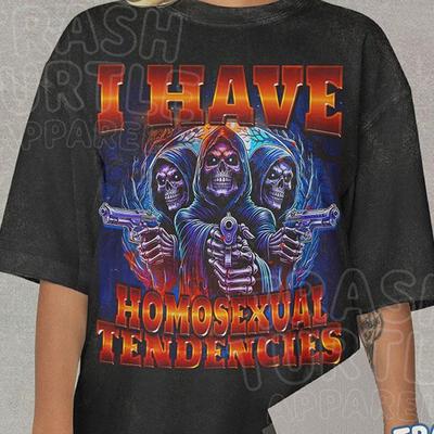 Ich habe homosexuelle Tendenzen Shirt Lustiges Skelett Bootleg T-Shirt Ungezügeltes Grafik-T-Shirt Beleidigend Cringe 90er Jahre Tee