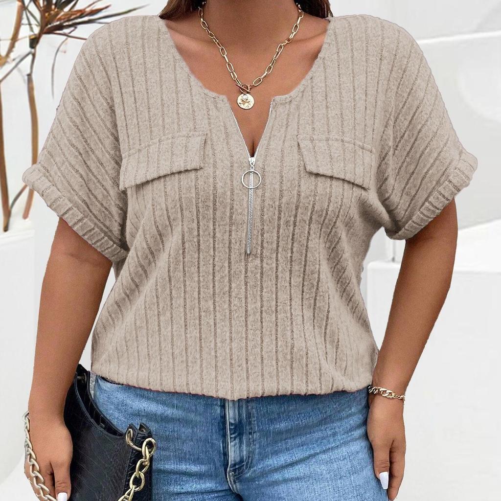 EastRogue Women's Fashion Casual Large Size Solid Color Print Summer Spring Short Sleeve V-Neck Loose Fake Pocket Pullover T-shirt